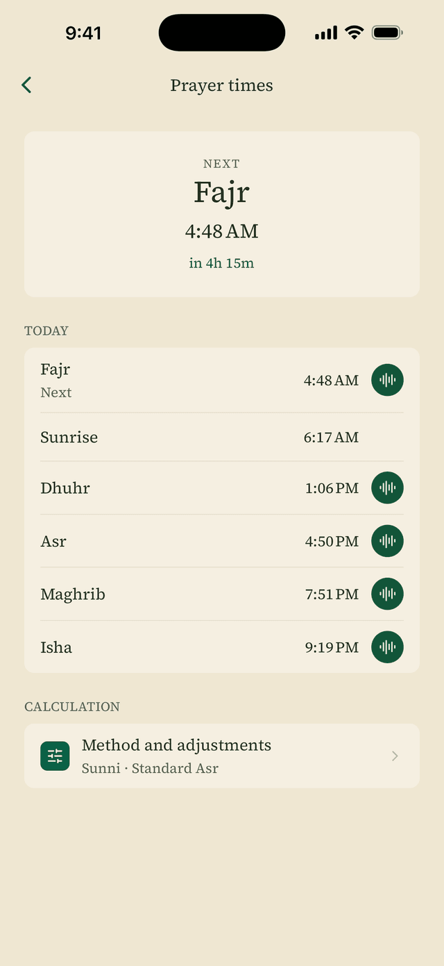 Prayer times for the day, with a sound chosen per prayer
